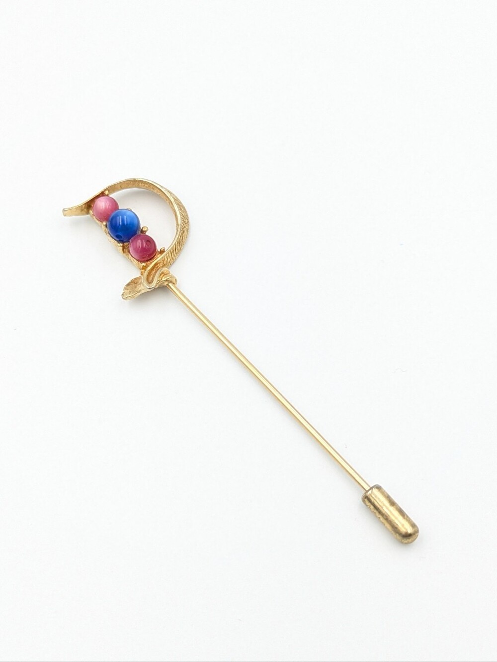 Vintage gold tone sword shaped blue and pink bead stick pin
